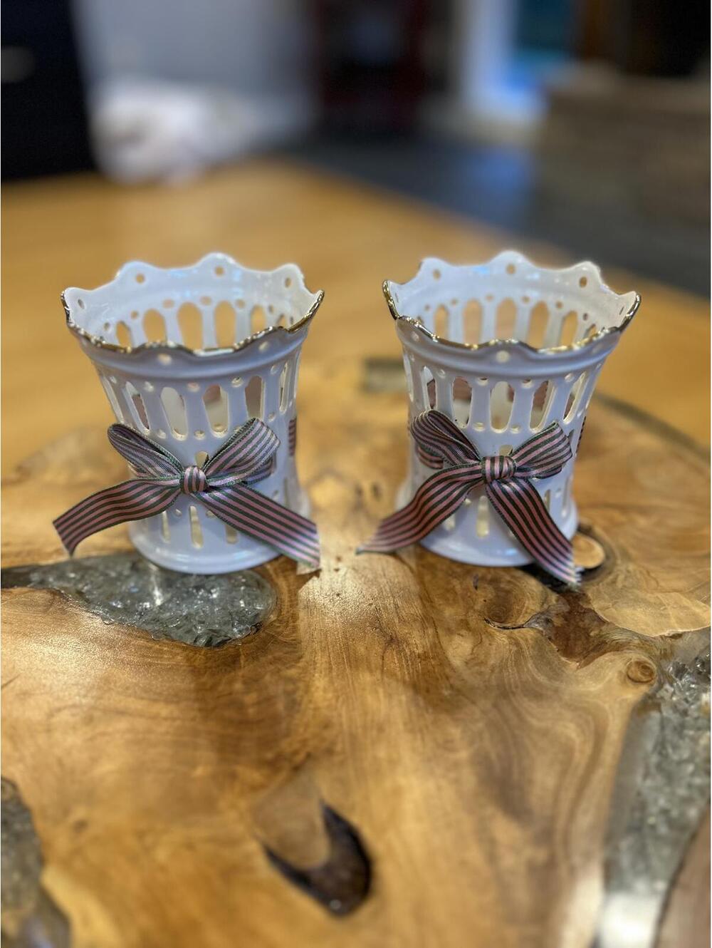 Lenox White Porcelain Candle Holders with Ribbon Bow Accents